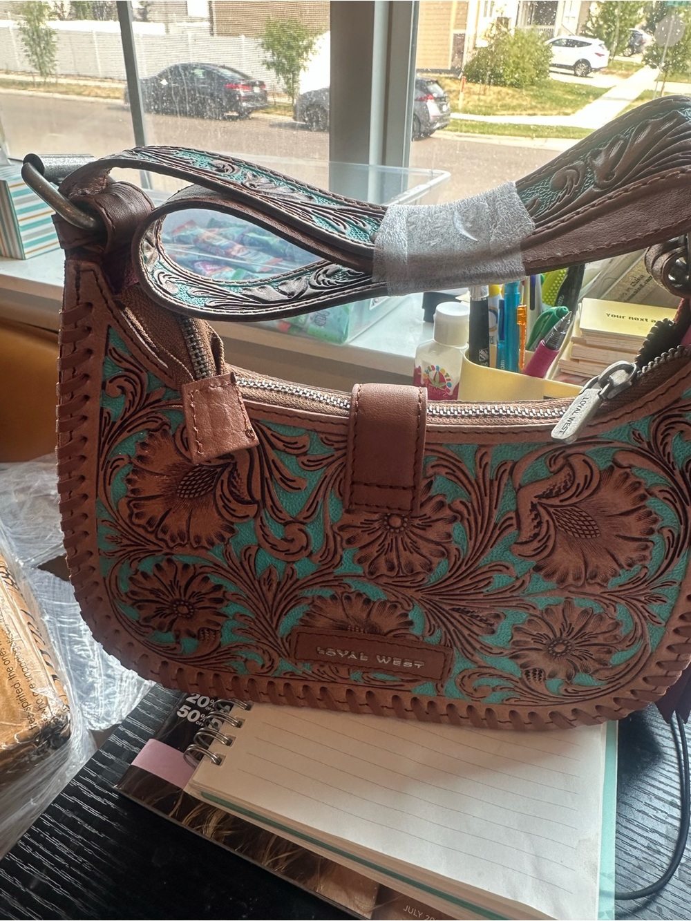 Myra Bag Turquoise and Brown Tooled Leather Shoulder Bag - Picture 2 of 3